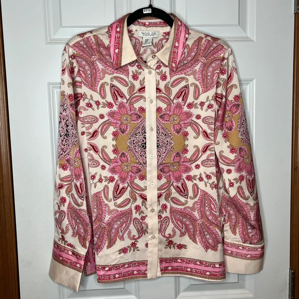 Rachel Zoe Paisley Button Down Blouse Pink Boho Lightweight Medium - Picture 2 of 9